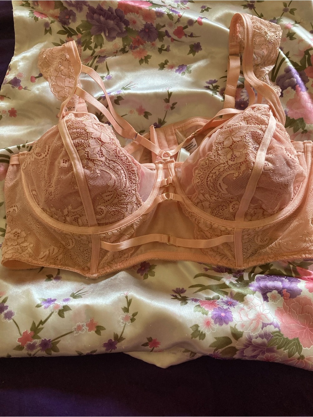 Peach Lace Longline Underwire Bra with Strappy Accents